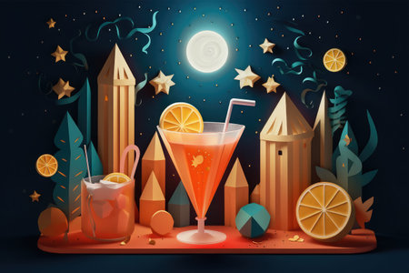Cocktail on the background of the night city. Vector illustrationの素材