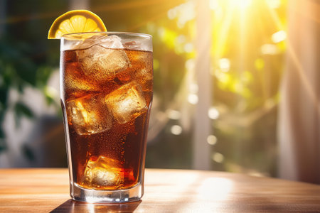 Glass of cola with ice cubes and slice of lemon on wooden tableの素材
