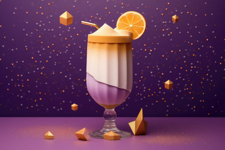 3d illustration of cocktail with orange slice and ice cubes on purple backgroundの素材