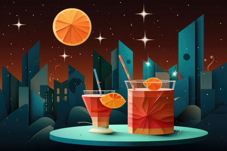 Cocktail on the table in the night city. Vector illustrationの素材