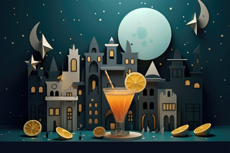 Cocktail in the night city with moon and stars. Vector illustration.の素材