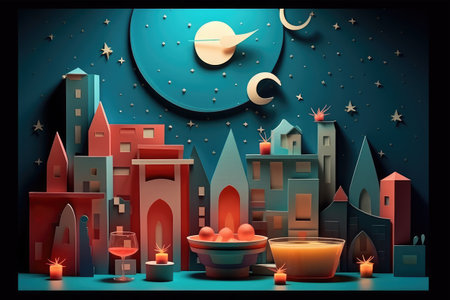 Vector illustration of fantasy city in paper cut style with crescent moonの素材