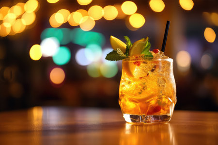 Cocktail on the bar counter in a nightclub with bokeh backgroundの素材