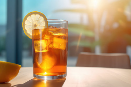 Glass of iced tea with lemon slice on wooden table in cafeの素材