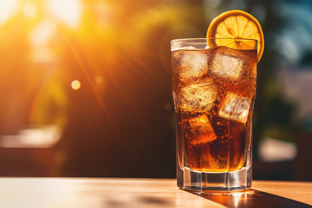 Glass of cola with ice cubes and slice of orange on wooden tableの素材