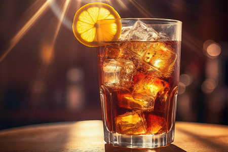 Glass of cola with ice cubes and slice of lemon on bar counterの素材