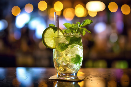 Mojito cocktail on bar counter in night club with blurred backgroundの素材