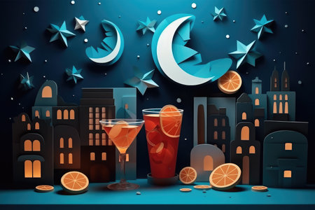 Cocktail party in paper cut style. Night city background. Vector illustration.の素材