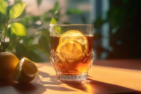 Glass of tea with lemon and ice on wooden table, closeupの素材