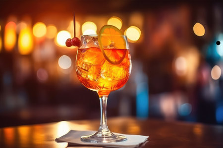 Alcohol cocktail drink on the table in bar. Cocktail with orange and cherry.の素材
