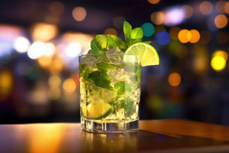 Mojito cocktail on bar counter with blurred bokeh backgroundの素材