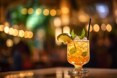 Cocktail in a glass with ice and mint on the barの素材