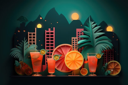 Cocktails on the background of the night city. Vector illustrationの素材