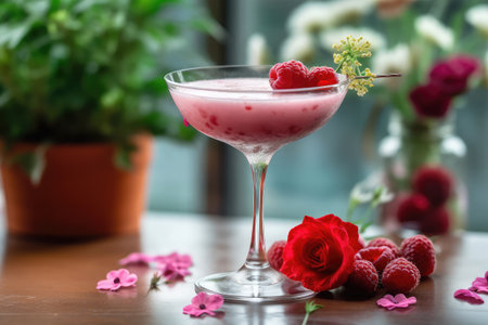 Raspberry smoothie in a martini glass with fresh raspberriesの素材