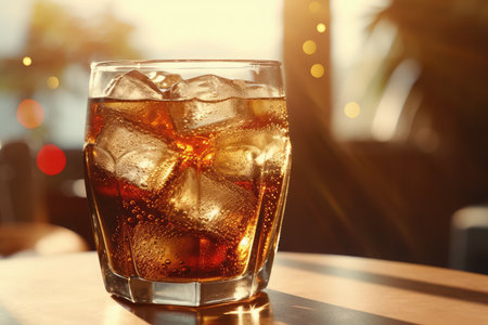 Glass of cola with ice cubes on table in cafe, closeupの素材