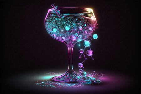 Neon cocktail with bubbles on a dark background. Vector illustration.の素材