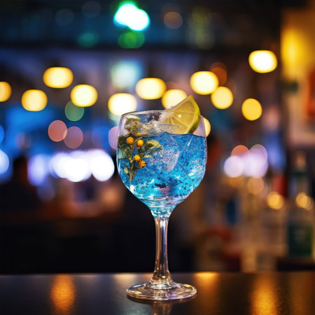 Blue cocktail with ice cubes and lemon on a bar counter in a nightclubの素材