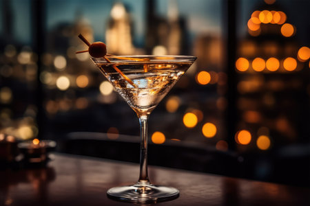 Cocktail in a martini glass on the background of the cityの素材