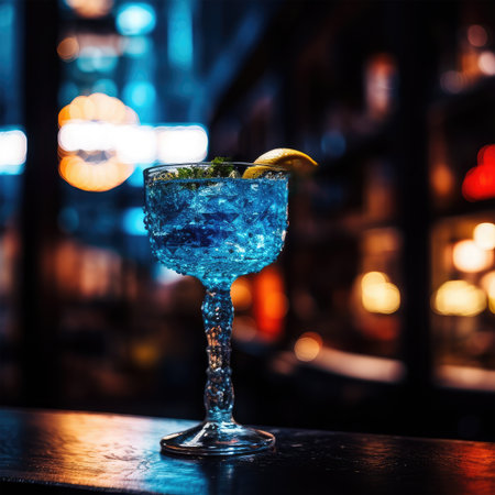 Blue cocktail with ice and lemon on the bar counter in night clubの素材