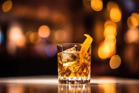 whiskey with ice in a glass on the background of the barの素材