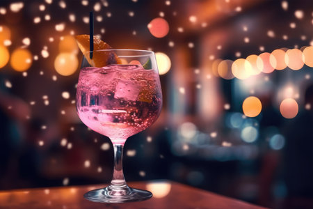 Cocktail on bar counter with bokeh lights on backgroundの素材