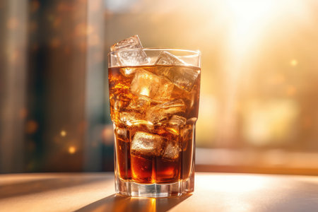 cola with ice cubes in a glass on the table in a cafeの素材