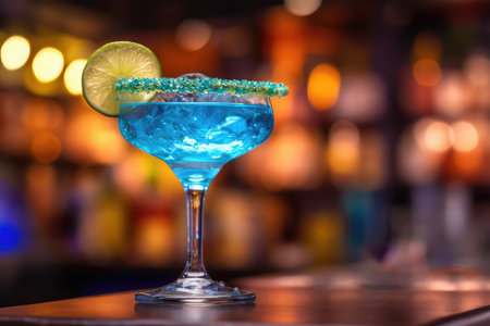 Blue cocktail with lime and ice on the bar counter in the nightclubの素材