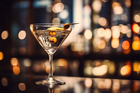Cocktail in martini glass with olives on bar counterの素材