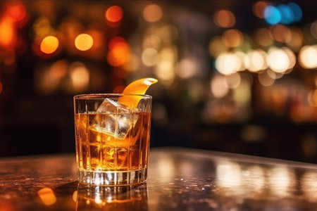 Whiskey with ice and orange slice on the bar counter.の素材