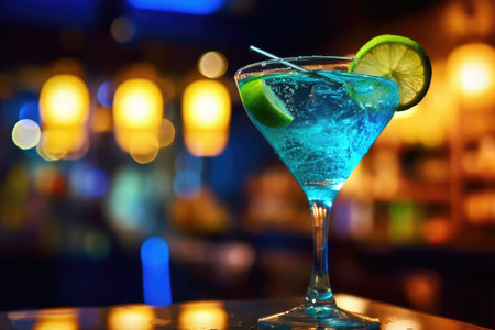 Blue cocktail in martini glass with lime on bar counter in night clubの素材