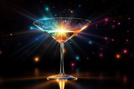 Cocktail in a martini glass with bright lights on a black backgroundの素材