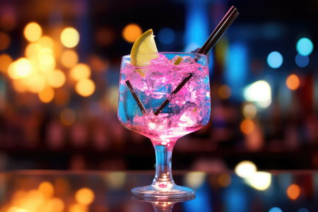 Cocktail in a glass with ice on the background of the barの素材