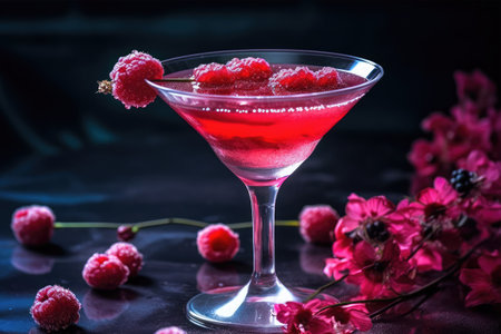 Refreshing summer cocktail with raspberries in a martini glassの素材
