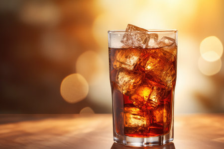 Glass of cola with ice cubes on table against blurred lights backgroundの素材