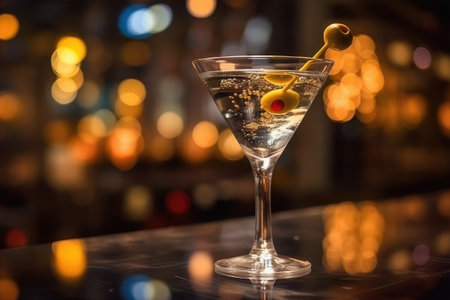 Martini cocktail with olives on a bar counter in a nightclubの素材