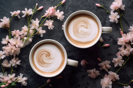 Coffee cup and pink cherry blossom on black stone backgroundの素材