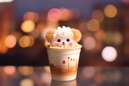 Cup of coffee with toy dog on bokeh background.の素材