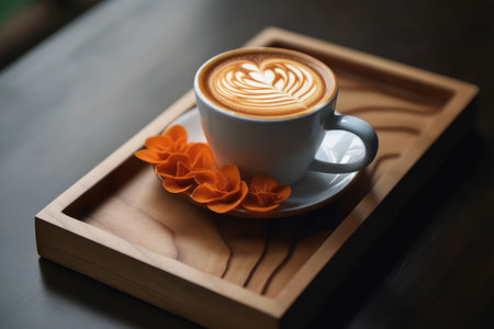 A cup of latte art coffee on wooden tray, stock photoの素材