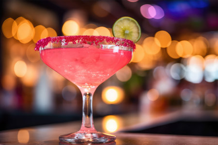 Pink cocktail with lime and ice on the bar counter. Blurred backgroundの素材