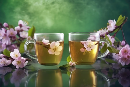 Two cups of green tea with blooming branches on a green background.の素材