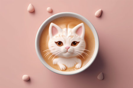 Cup of cappuccino with white cat face on pink backgroundの素材