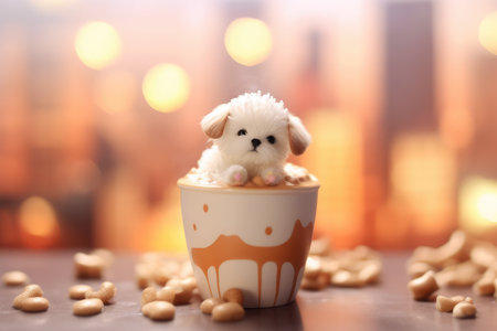 Cute little dog in cup with peanuts on blurred background, closeupの素材