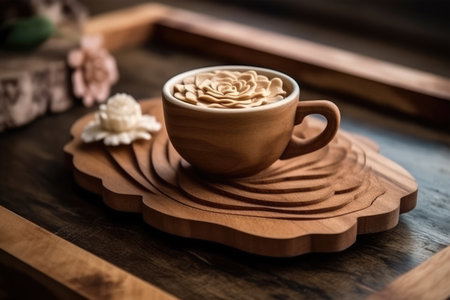 Cup of coffee with flower on wooden background. Vintage style.の素材