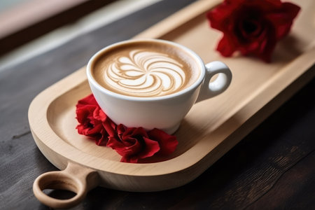 Coffee cup and red rose on wooden tray on wooden background.の素材