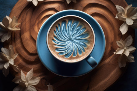 Cup of coffee latte art with blue flower on wooden tray.の素材