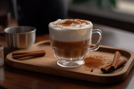 Cup of cappuccino coffee with cinnamon on wooden trayの素材
