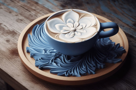 Coffee latte art in blue cup on wooden table.の素材
