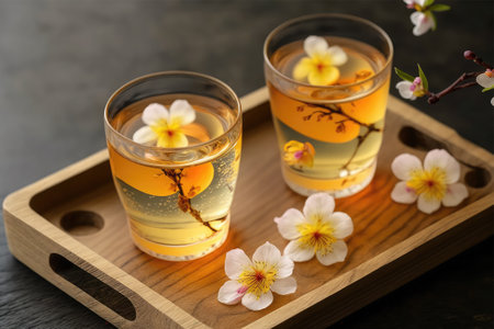 Glasses of tea with plum blossom on wooden tray, closeupの素材