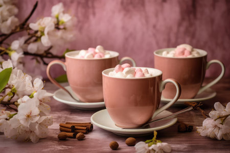 Two cups of hot chocolate with marshmallows and blooming branches on a pink backgroundの素材