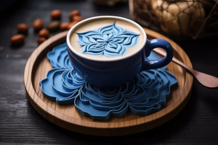 Cup of coffee with latte art on wooden table. Close upの素材